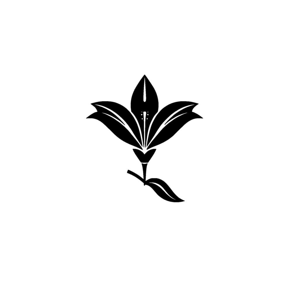 Black minimalist floral illustration, symmetrical lilylike flower with stylized petals and stem, against a clean white background. vector