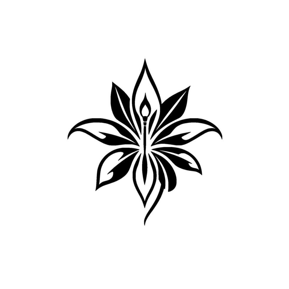 A symmetrical black and white floral emblem with stylized leaves and a central artistic brushstroke, evoking art and nature. vector