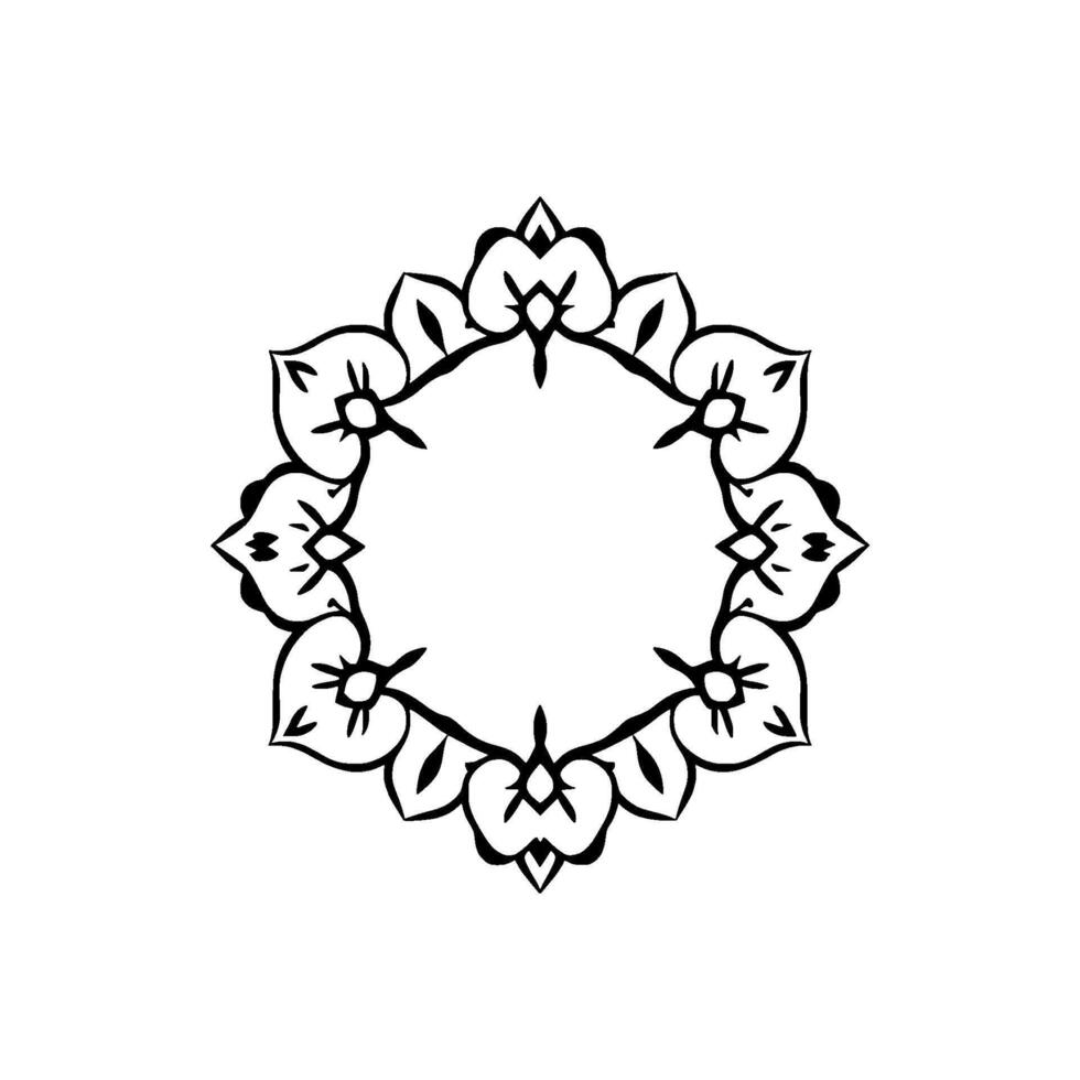 Circular floral emblem, black line art, decorative frame, symmetrical , empty space in the middle, simple and elegant. vector