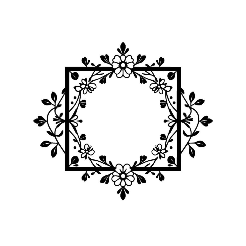 Elegant Black and White Floral and Leafy Border with a Square Inner Frame, Perfect for Invitations or Decorative Designs, Isolated on White Background. vector