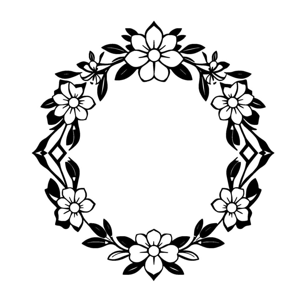 Ornate, symmetrical blackandwhite floral wreath illustration with stylized flowers, leaves, and geometric accents, perfect for framing. vector