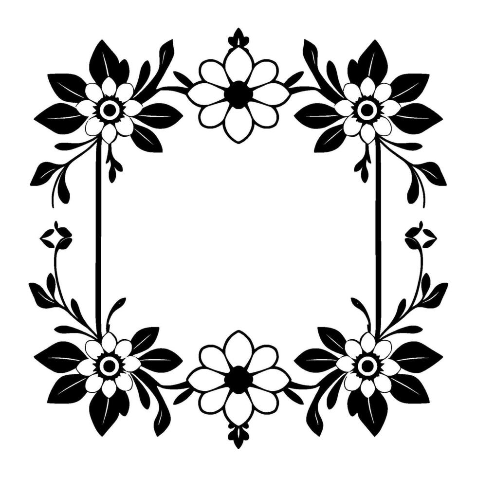 Elegant Black and White Floral Rectangular Border with Detailed Flowers, Leaves, and Ornate Elements. vector