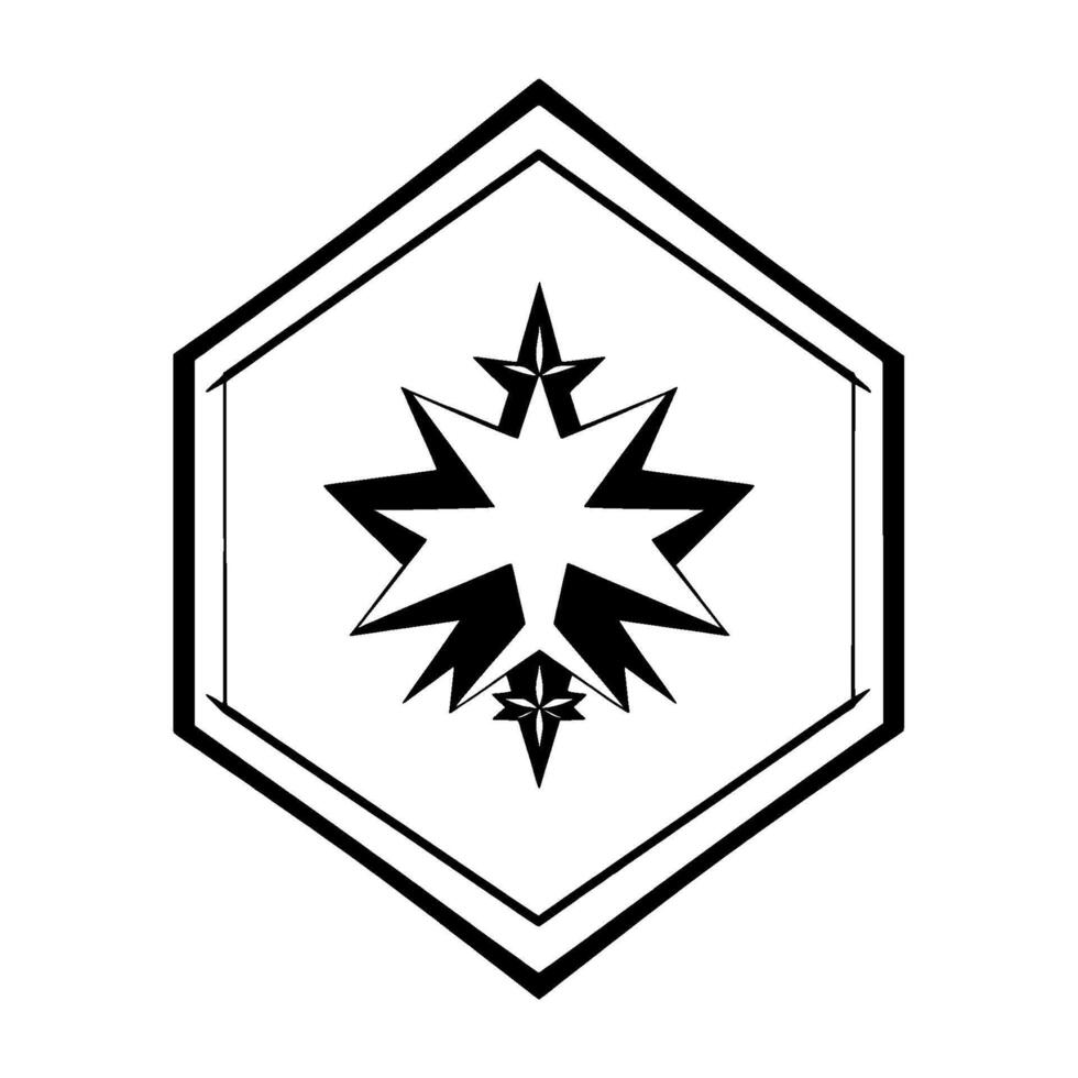 A symmetrical black and white geometric featuring nested stars, contained within a hexagon shape, exuding a sharp and clean aesthetic. vector