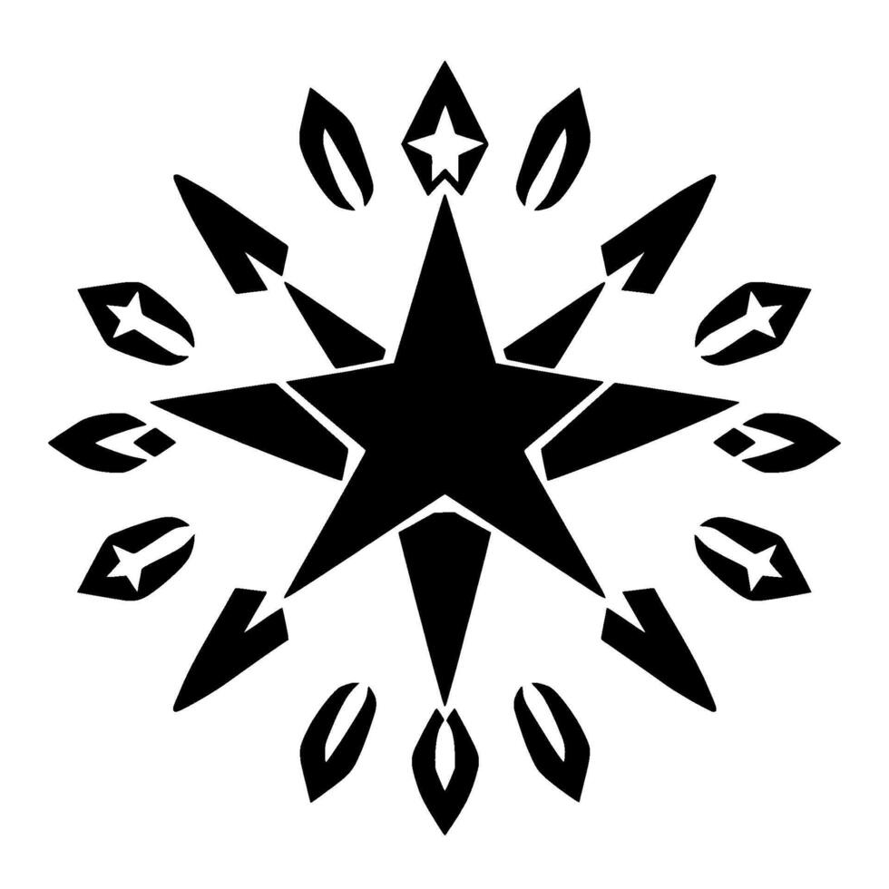 Abstract Black Star with Accompanying Geometric Elements and Detailed Leaf or TearDrop Motifs in a Symmetrical Arrangement on White. vector
