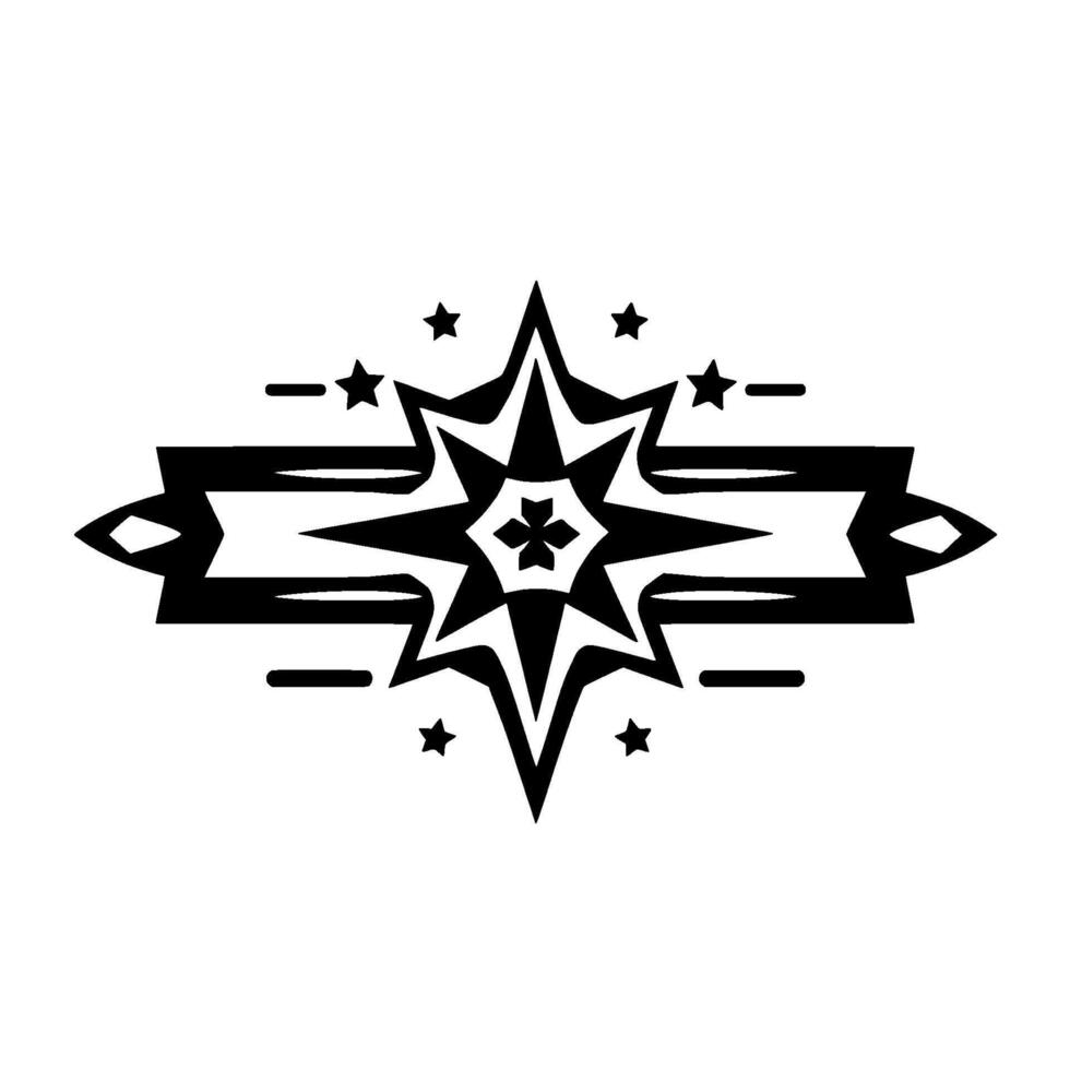 Bold Black and White Geometric Starburst with Ornamental Ribbon, Small Stars, and a Clean Aesthetic. vector