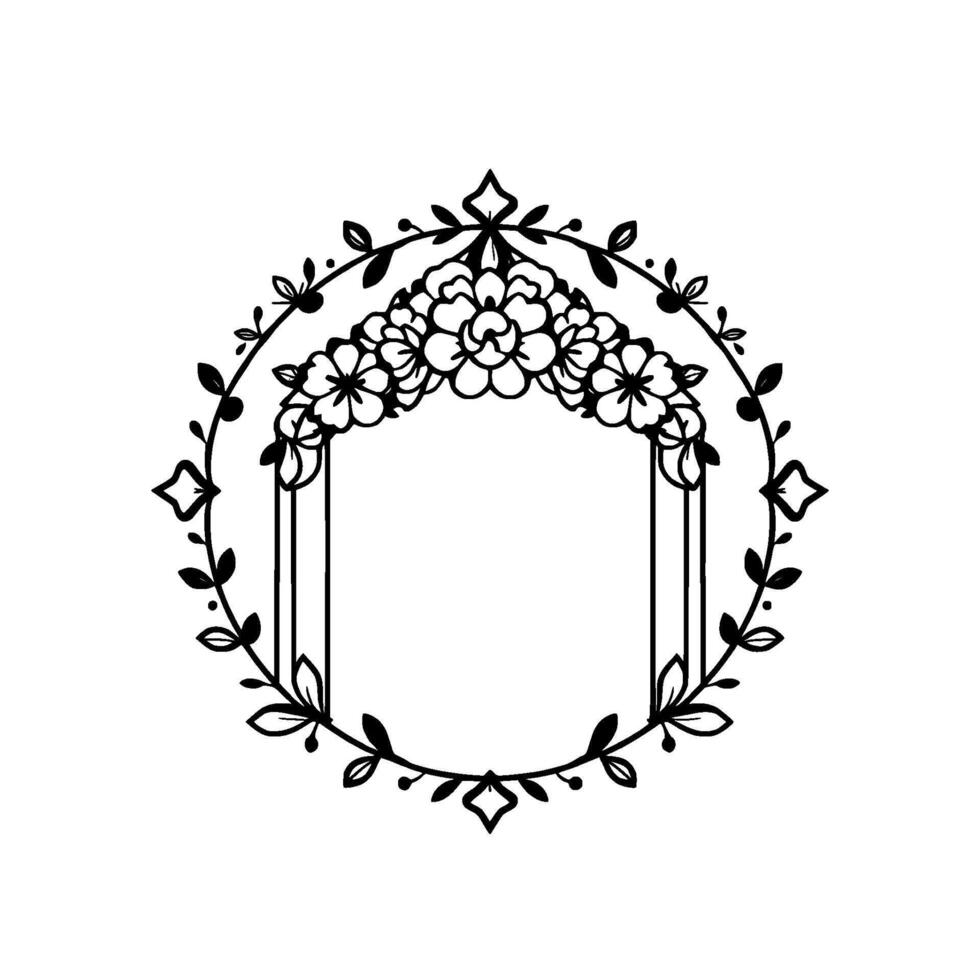 A symmetric floral archway with an open center, encircled by an elaborate botanical frame, perfect for decorative purposes, in black and white. vector
