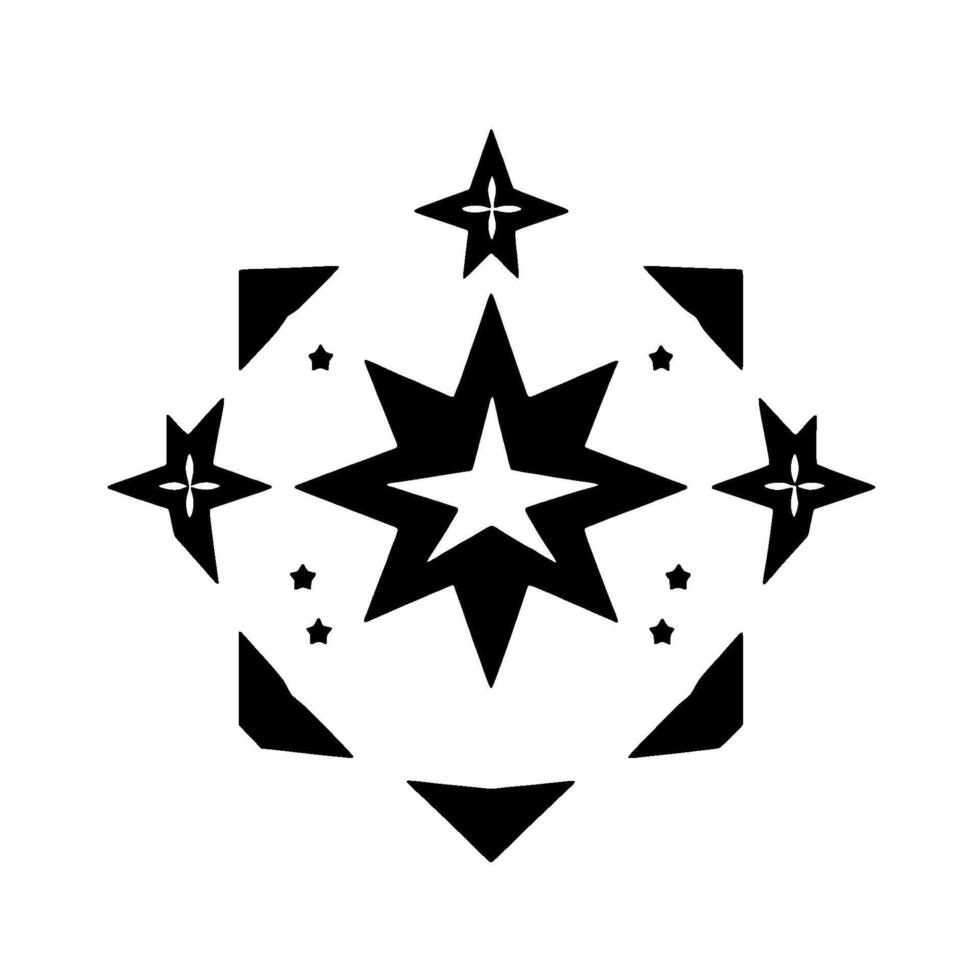 Geometric Starburst Composition Central Silver Star Surrounded by Black Star Outlines, Triangles, and Smaller Stars on White Background. vector