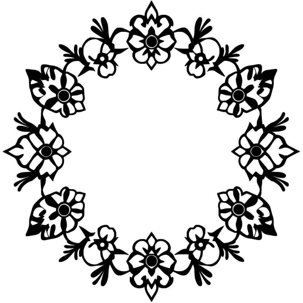Intricate Black Floral Wreath on White Background Symmetrical and Ornate, Decorative Pattern, Circular . vector