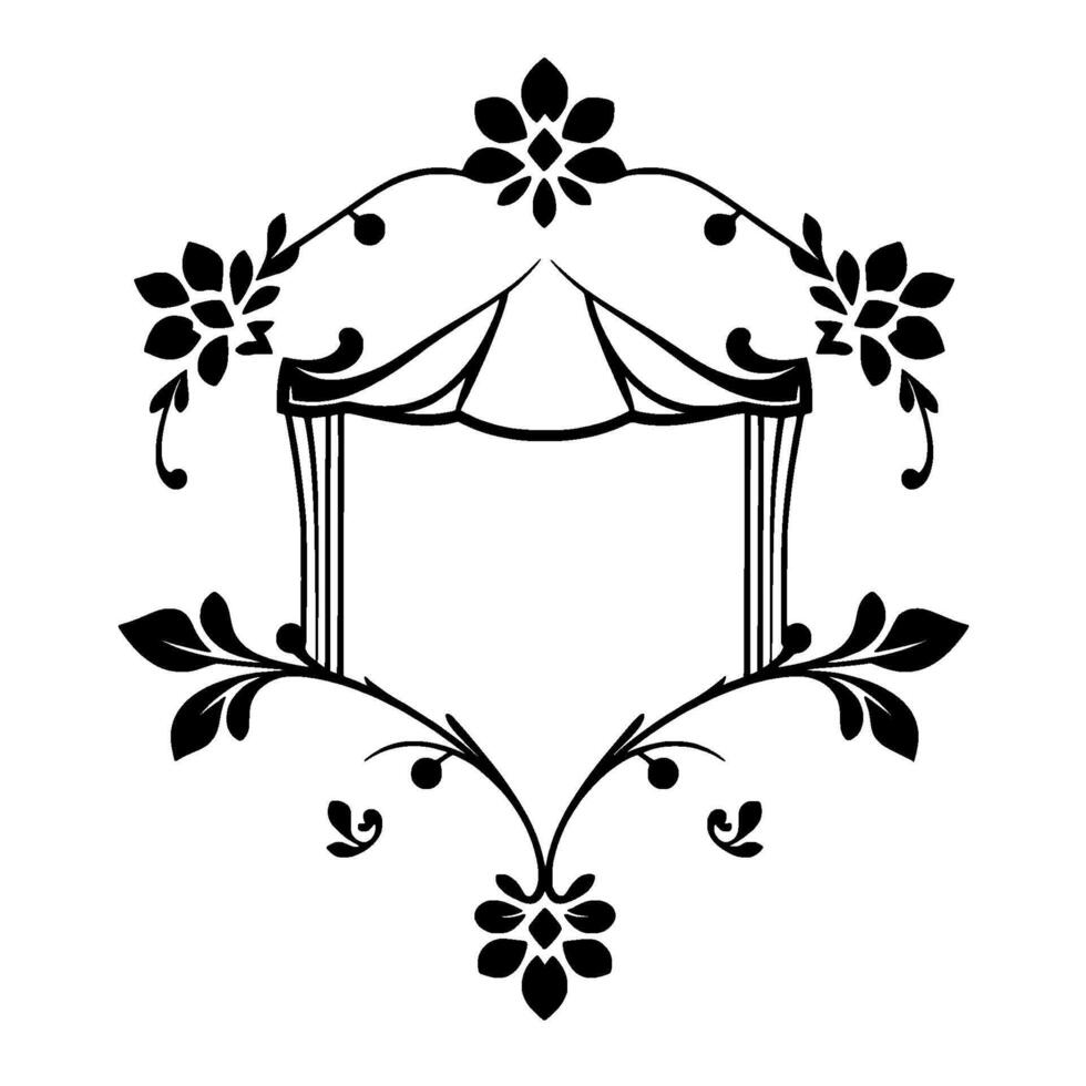 Ornate Black and White Floral Frame with Tentlike Center Structure, Foliage, and Decorative Elements on a White Background vector