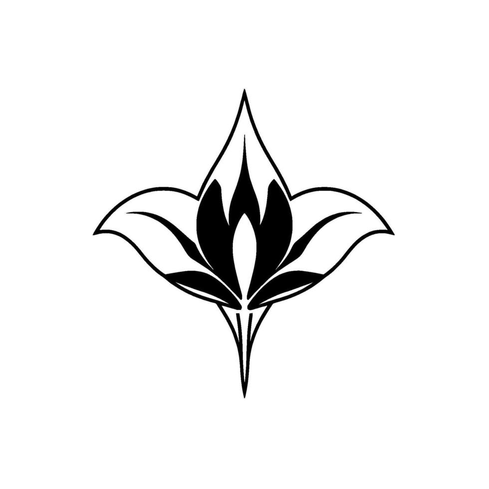 Symmetrical black and white floral featuring stylized petals and a sharp, central budlike shape, elegant and minimalist. vector