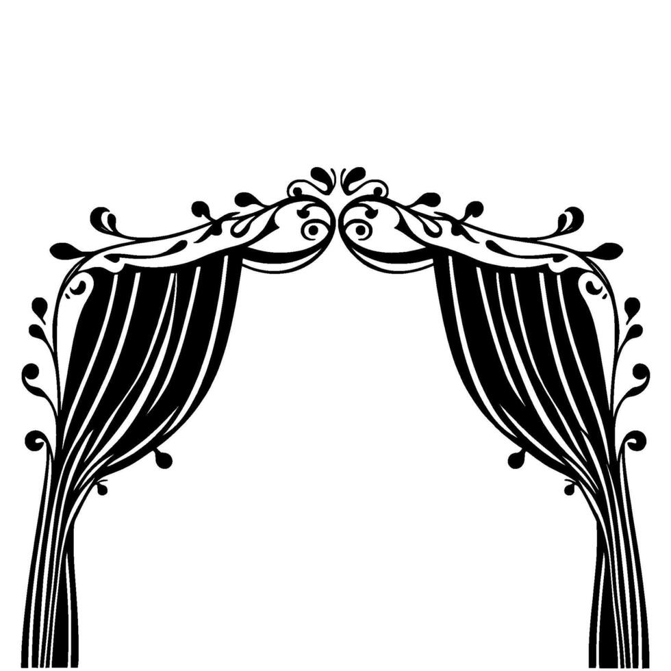 Ornate Black and White Curtain Arch with Detailed Floral Swirls, Elegant , and Minimalist Aesthetic. vector