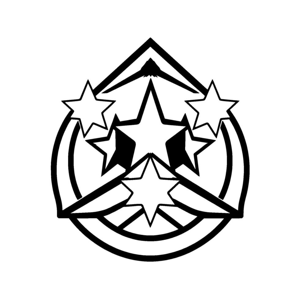 Black and White Abstract Emblem FivePointed Stars Enclosed by Geometric Shapes and Circular Elements, Minimalist . vector