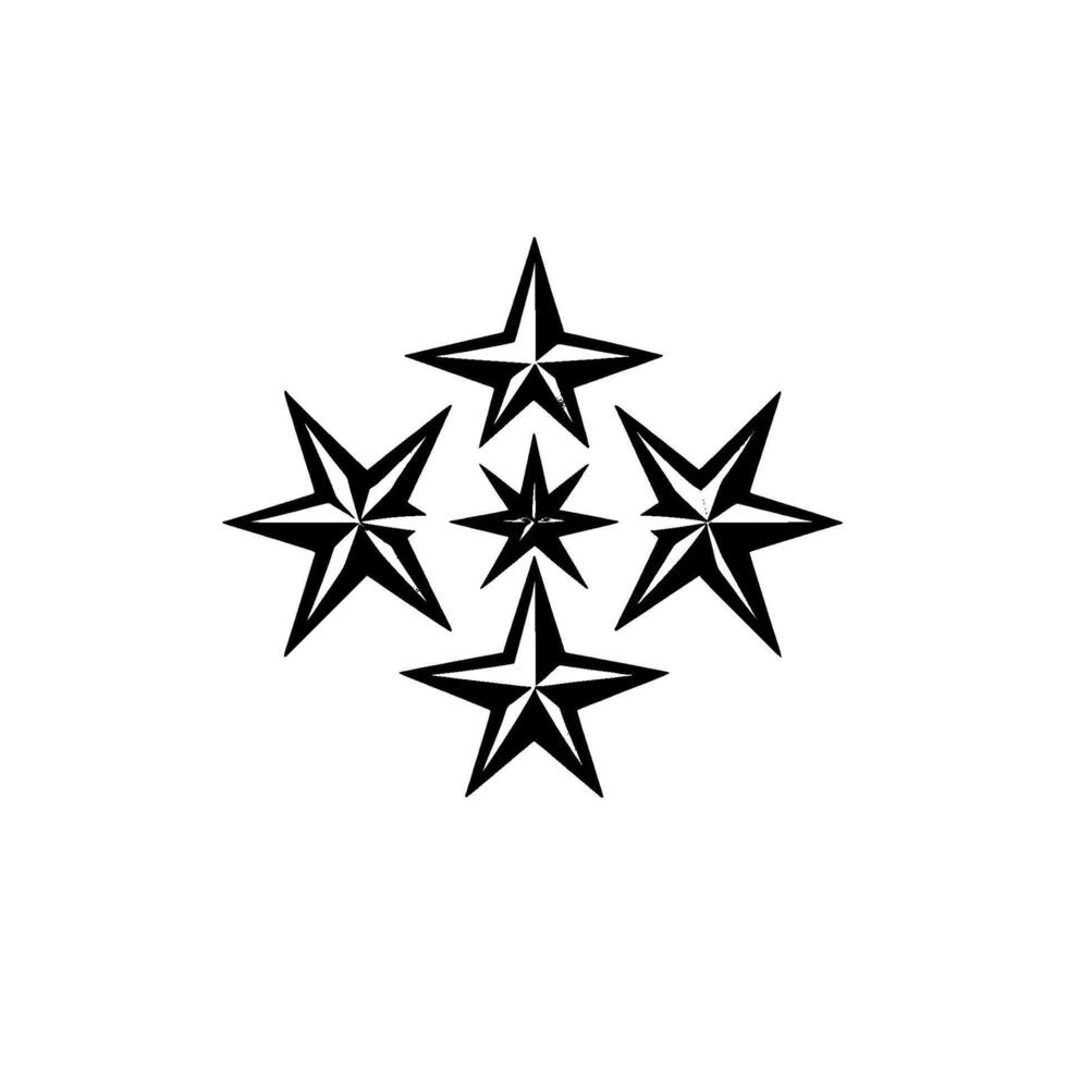 A symmetrical composition of five sharp, monochrome stars with gradient fills radiating outwards on a stark white background. vector