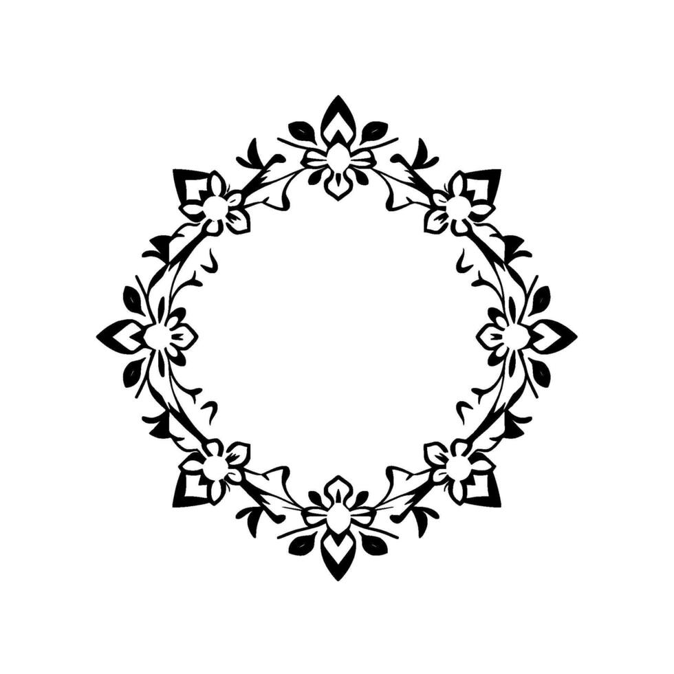 Elegant Black and White Floral Wreath, Circular Pattern with Detailed Blossoms and Foliage, Symmetrical on White Background. vector