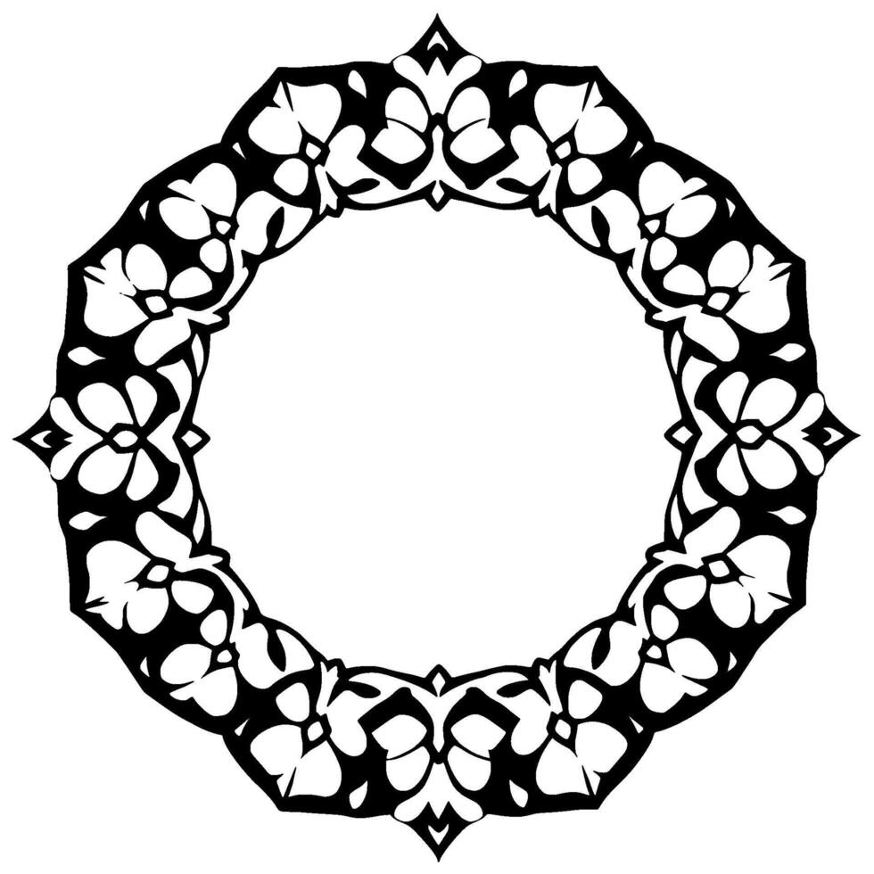 Ornate, symmetrical floral frame in bold black and white, featuring a circular pattern with pointed accents. vector