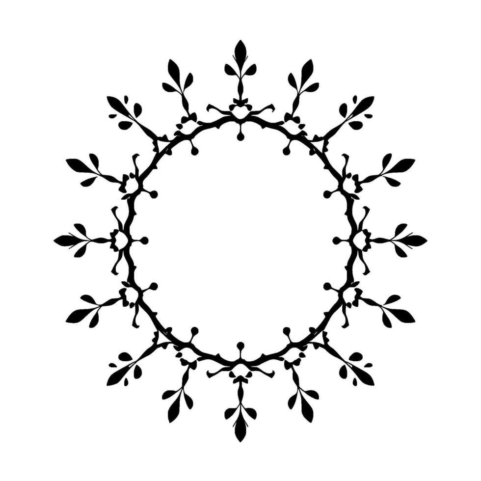 Elegant, symmetrical circular of stylized black plant elements, leaves and branches, set on white background with negative space. vector