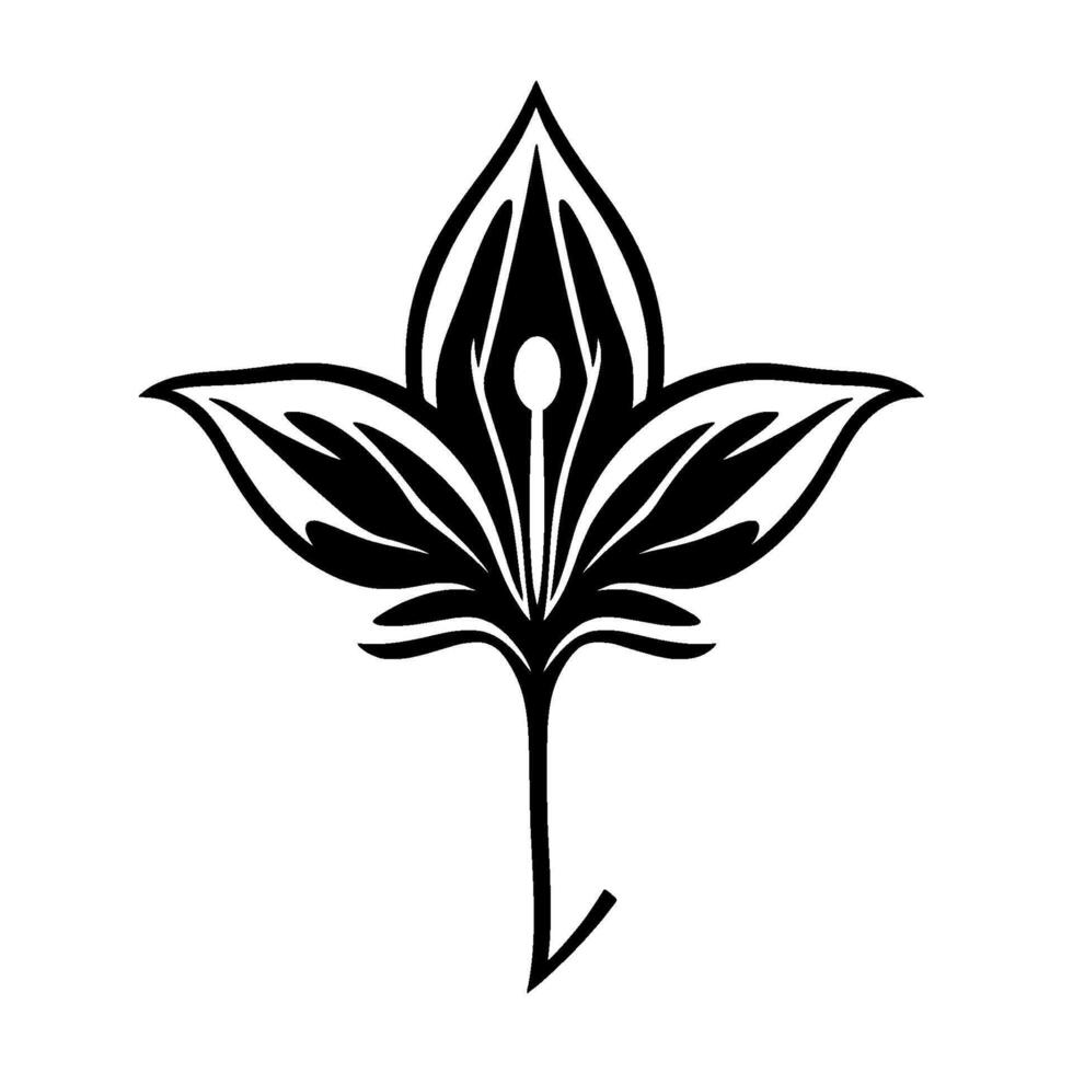 Elegant Black and White Floral Illustration Symmetrical Leaf with Central Petal and Delicate Stem on White Background. vector
