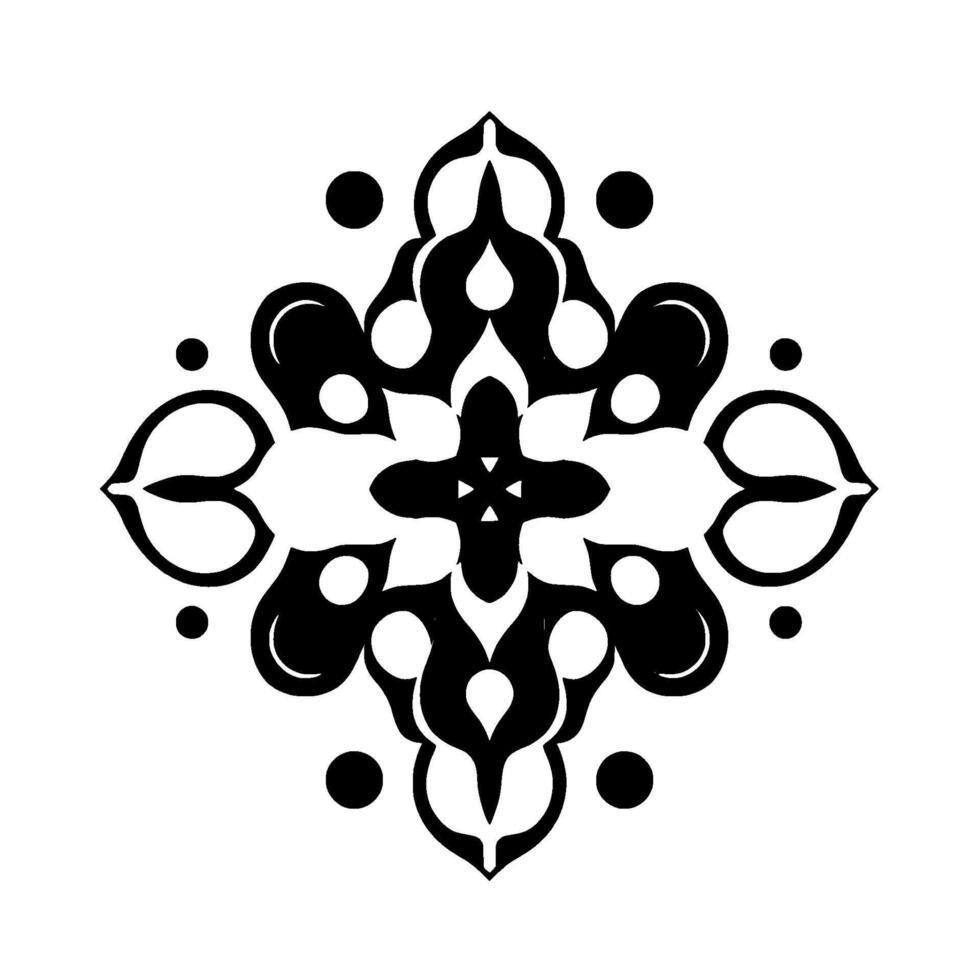 Symmetrical black and white floralinspired geometric with rounded shapes and central cross, modern minimalist illustration. vector
