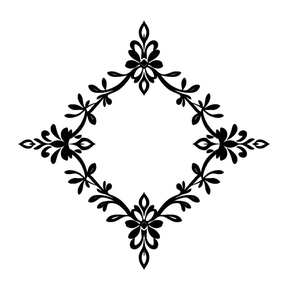 Ornate Black Floral and Leaf Rhombus Frame in Monochrome, Decorative Border with Symmetrical Arrangement on White Background. vector