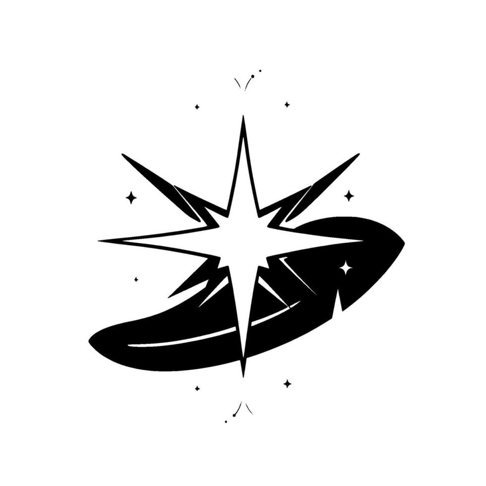 Abstract Black and White Illustration Exploding Starburst with a Curved, Winglike Element and Scattered Sparks, Isolated. vector