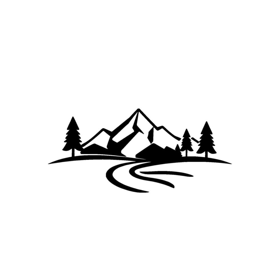 Black and white minimalist mountain landscape with stylized trees and winding road, isolated on white. vector