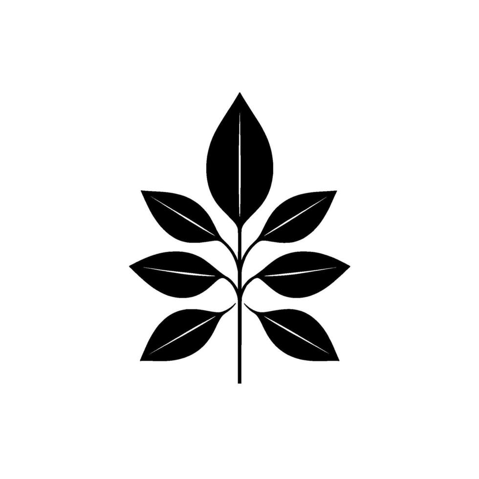 Minimalist Black and White Illustration of a Symmetric Leafy Branch with Seven Leaves on a White Background. vector