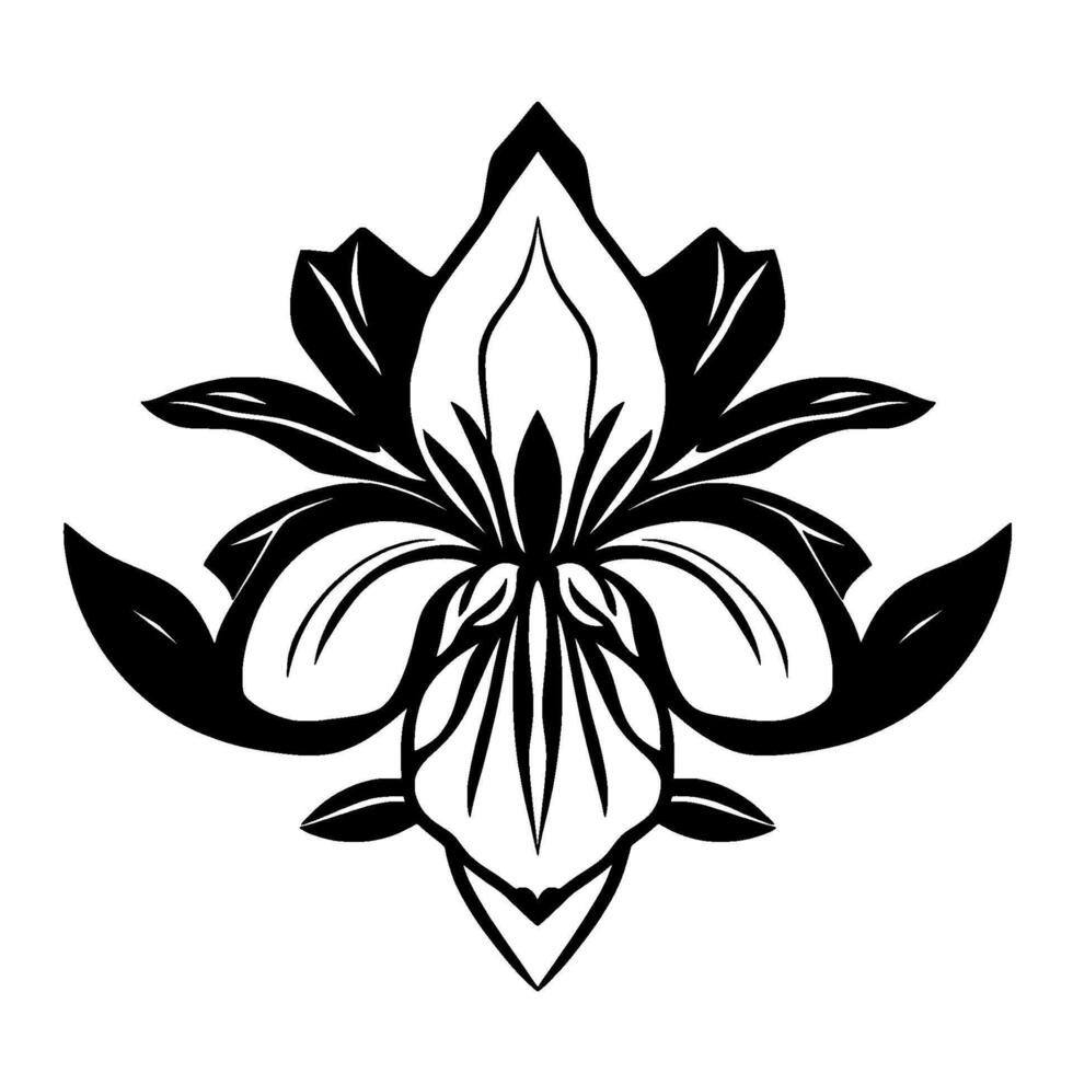 Symmetrical black and white floral illustration, stylized lotus with detailed petals, evokes elegance and simplicity. vector
