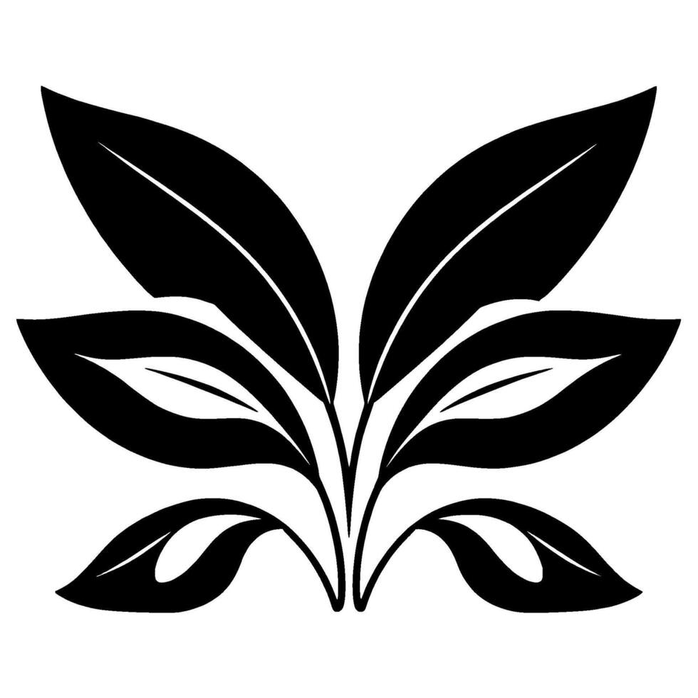 Stylized black leaf arrangement symmetrically composed against a clean white background, resembling a symmetrical flower or emblem. vector