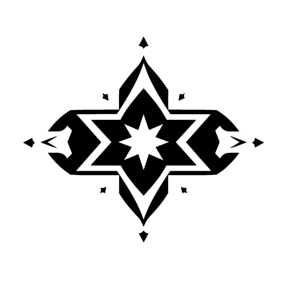 A symmetrical, black and white geometric starshaped with layered elements, a central eightpointed star, and sharp points. vector