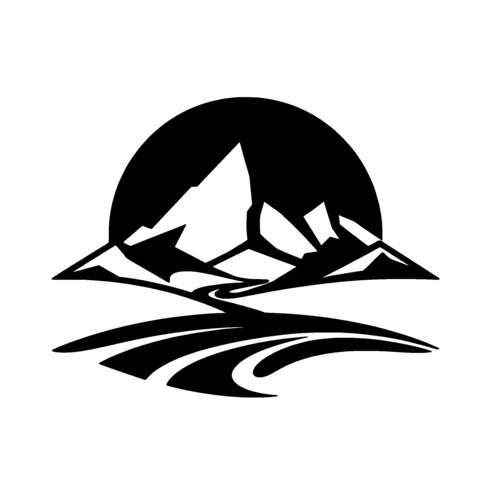 Bold monochrome illustration of mountain range, a road winding below, and a sunlike silhouette in the background. vector
