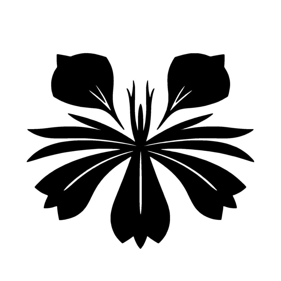 Stylized Floral Symmetrical Black and White Illustration Featuring a Centered Flower Motif and LeafLike Petals. vector