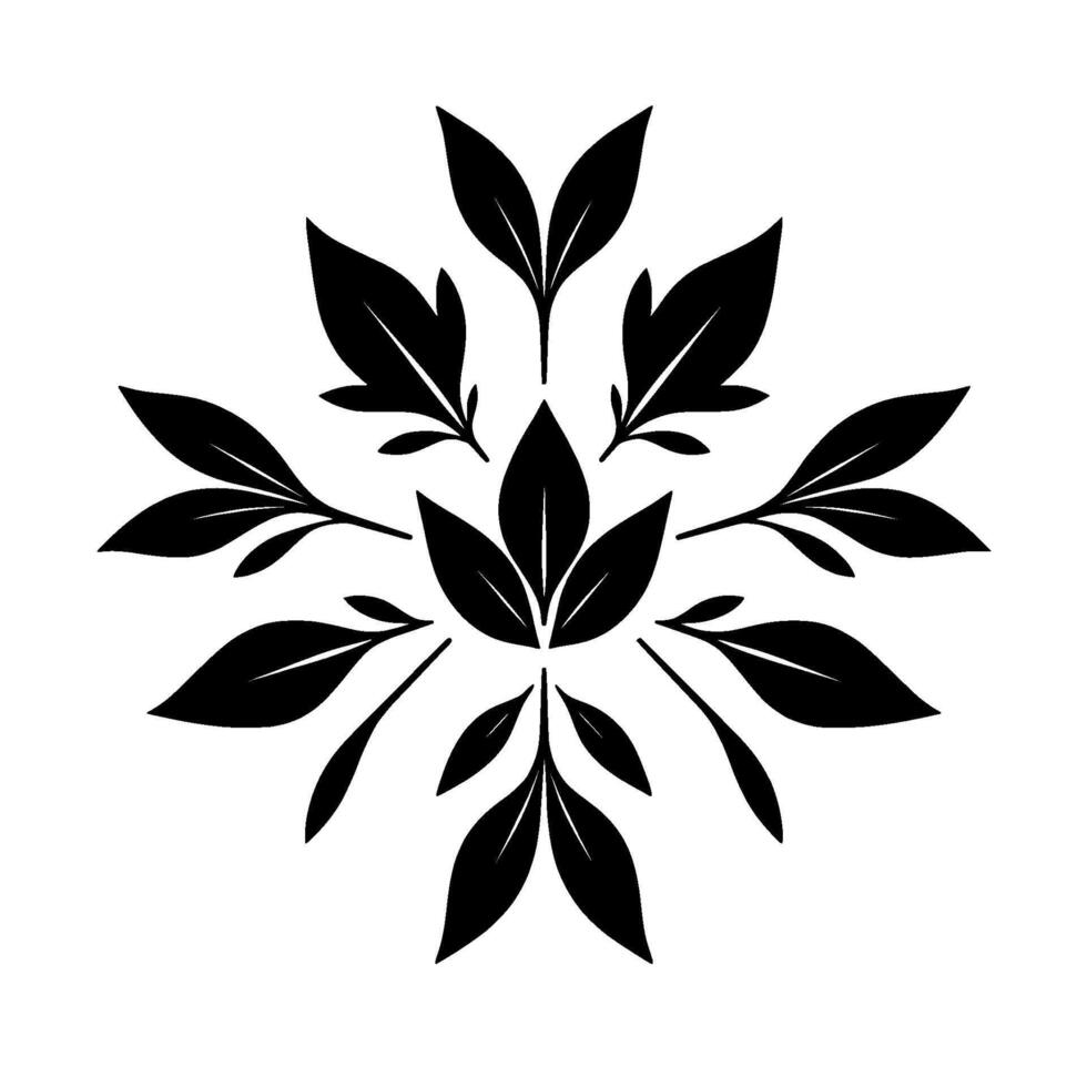Symmetrical Floral Silhouette A Black and White Composition of Stylized Leaves, Radiating from a Central Cluster. vector