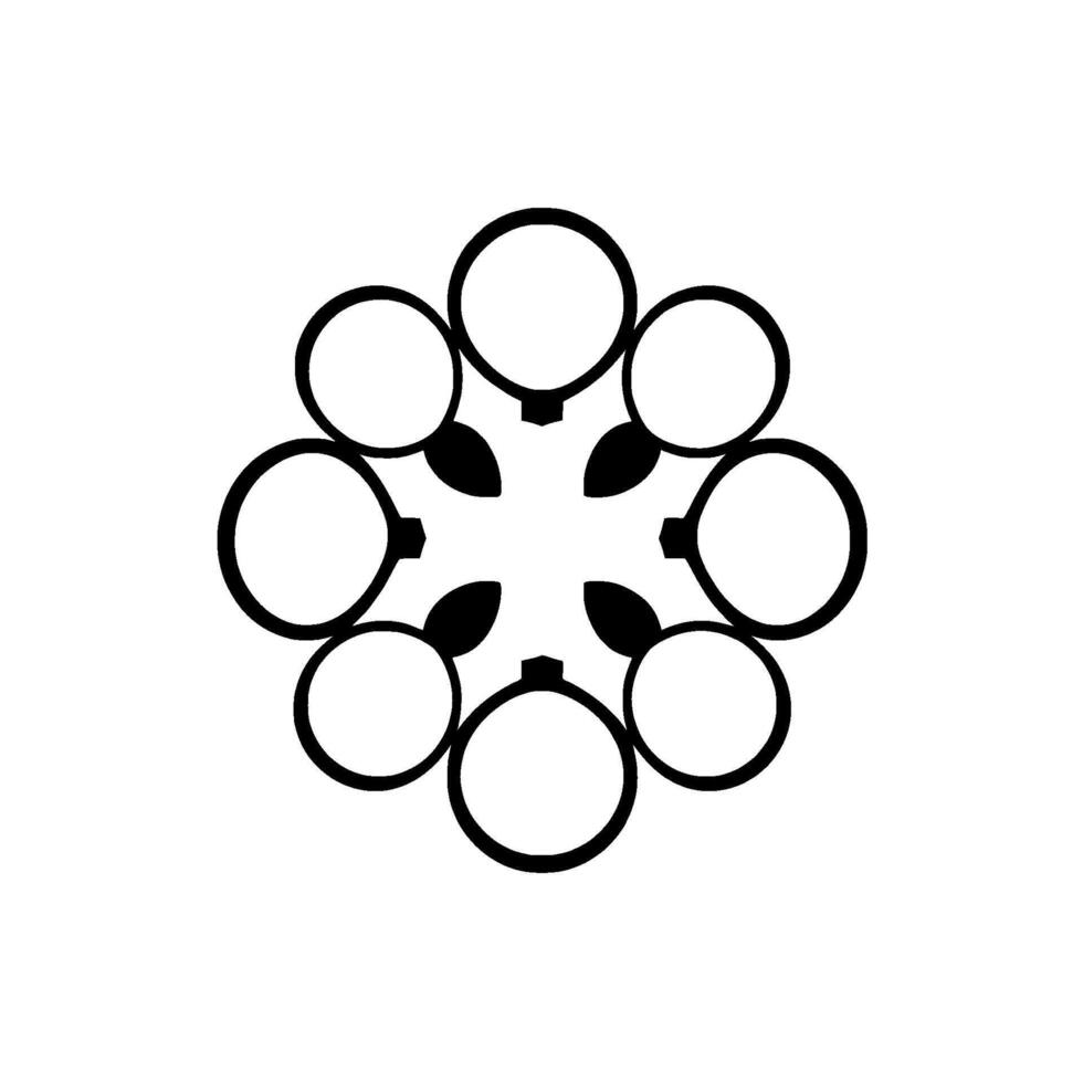 Symmetrical Black and White Abstract Circular Composition with Eight Circles and Central Petallike Forms on White Background. vector