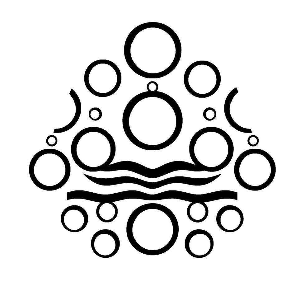 Abstract of symmetrical arrangement of blackbordered, whitefilled circles over stylized water elements, evoking bubbles or organic growth. vector
