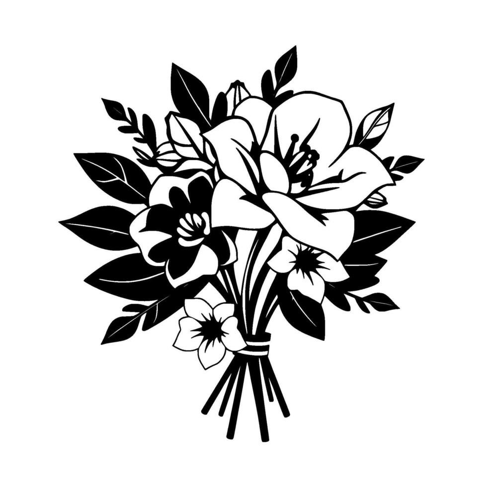 Elegant Black and White Floral Bouquet Illustration, Featuring Various Flowers and Leaves, Tied with a Simple Ribbon, Isolated on White Background. vector