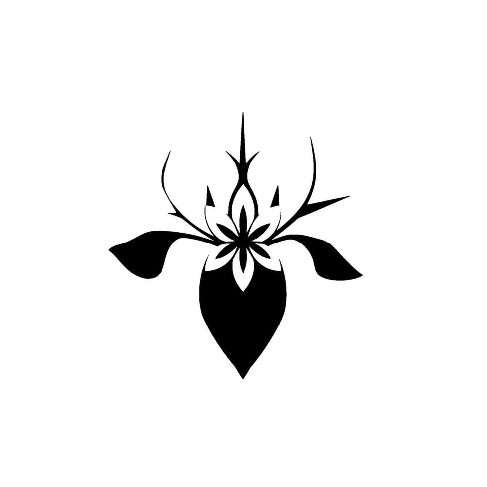 A symmetrical black and white floral featuring a central blossom, teardropshaped base, and pointed details. vector
