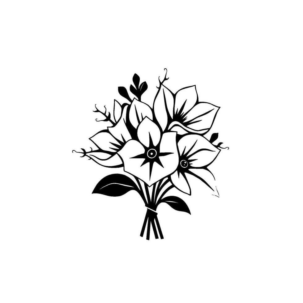 Elegant black and white botanical illustration of a floral bouquet, featuring stylized open blooms, delicate stems, and leaves, arranged against a clean white backdrop. vector