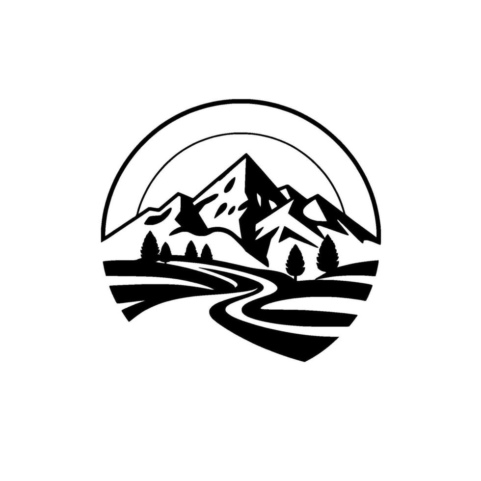 Black and White Circular Illustration Majestic Mountain Range with Winding Road, Evergreen Trees, and a Dramatic SemiCircle, Perfect for Outdoor Branding. vector
