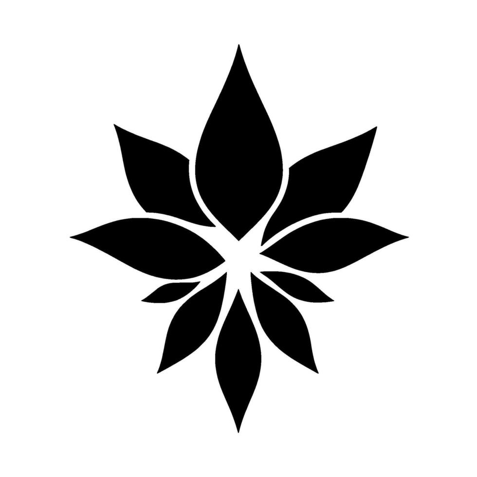 Symmetrical, stark black and white minimalist floral emblem, resembling a stylized cannabis or lotus, centered on a blank white background. vector
