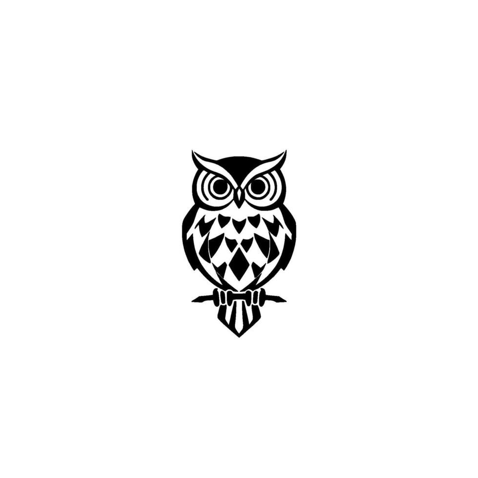 A minimalistic black and white illustration of a stylized owl with geometric patterns, perched on a branch, on a white background. vector
