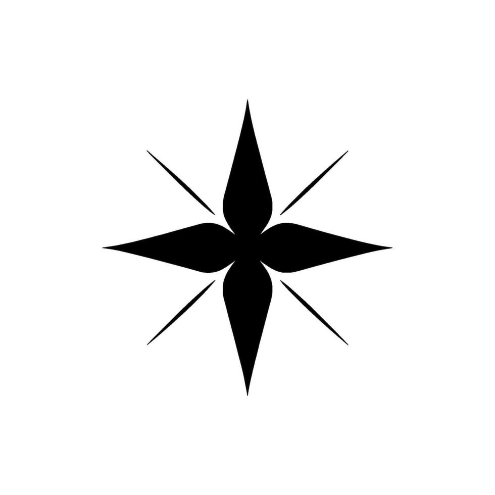 Minimalist Black Starburst Emblem with Pointed Petals and Spiky Rays on White Background. vector