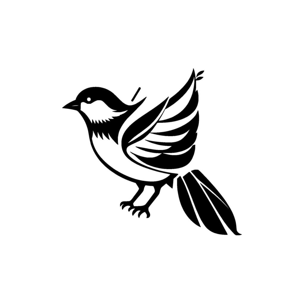 Minimalist Black and White Bird , Stylized with Detailed Wing and Tail Feathers, Illustration. vector