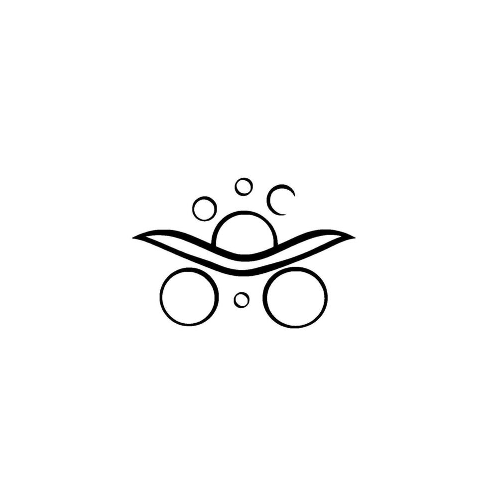 Minimalist black ink artwork features circular shapes, an arc and spheres, resembling a stylized sun over the water on a white background. vector