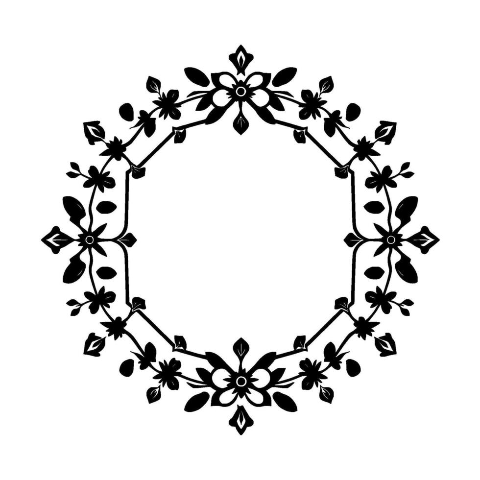 Ornamental black and white floral wreath featuring stylized flowers, leaves, and geometric structure around a negative space. vector
