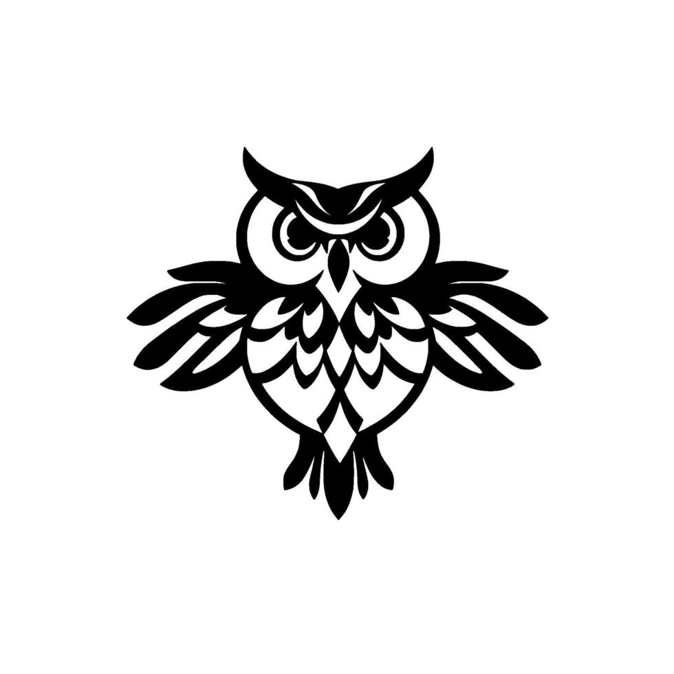 A minimalist black and white owl illustration with outstretched wings, featuring sharp geometric against a plain white background. vector
