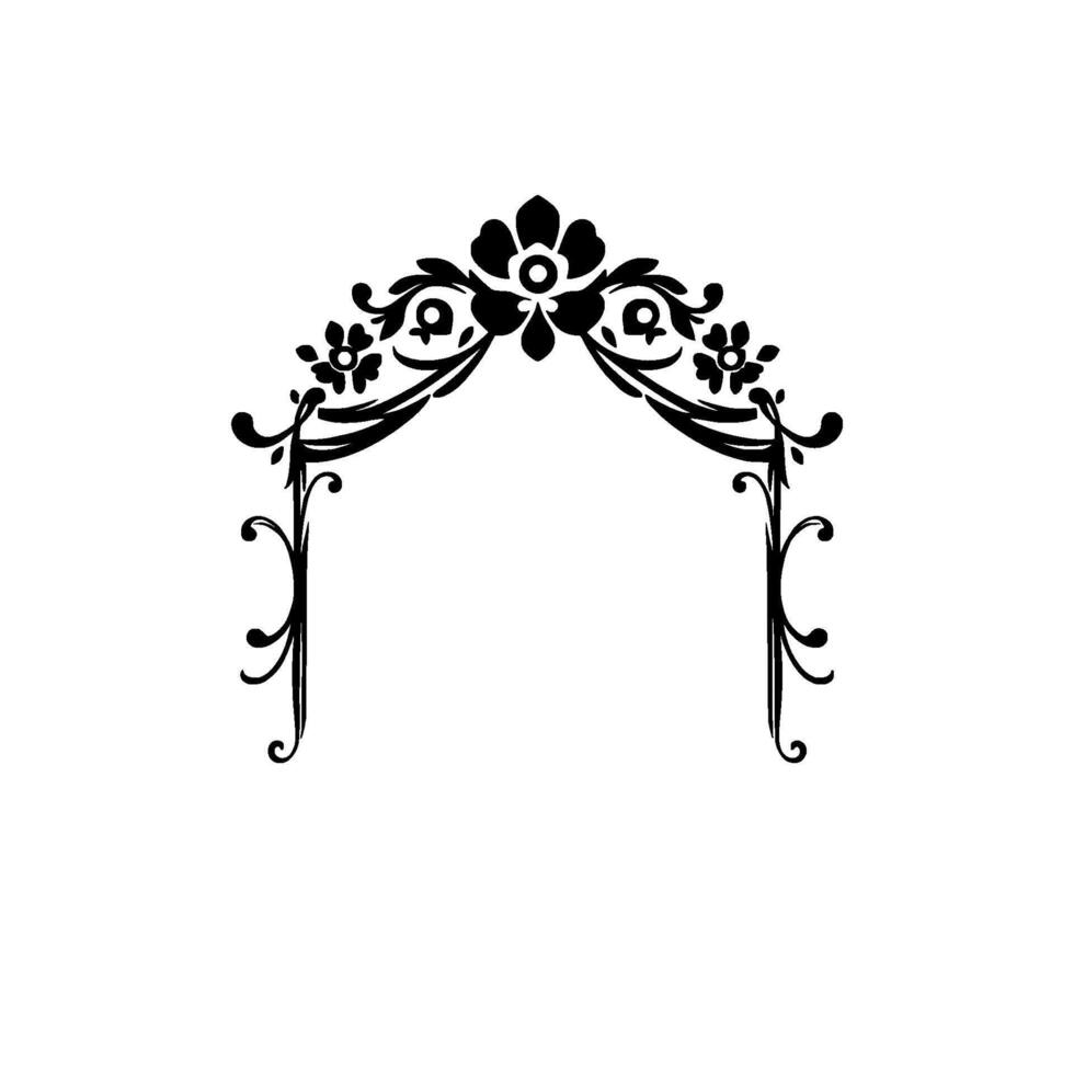 Elegant Black Floral Archway Silhouette on White, Symmetrical with Curved Vines, Ornate Blossoms, Minimalist Contrast, Decorative Element. vector