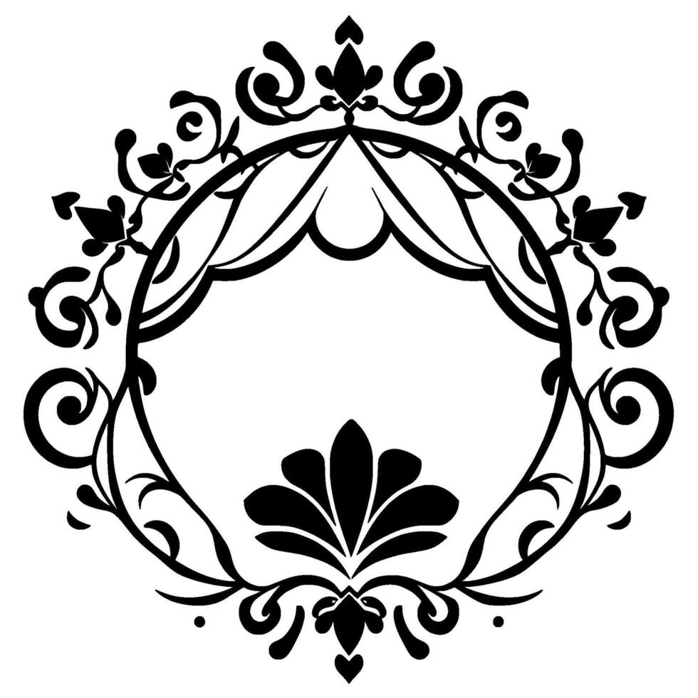 Ornate Black Floral Frame Symmetrical with Swirls, Petals, and Leaves on a White Background, Creating a Decorative Emblem. vector