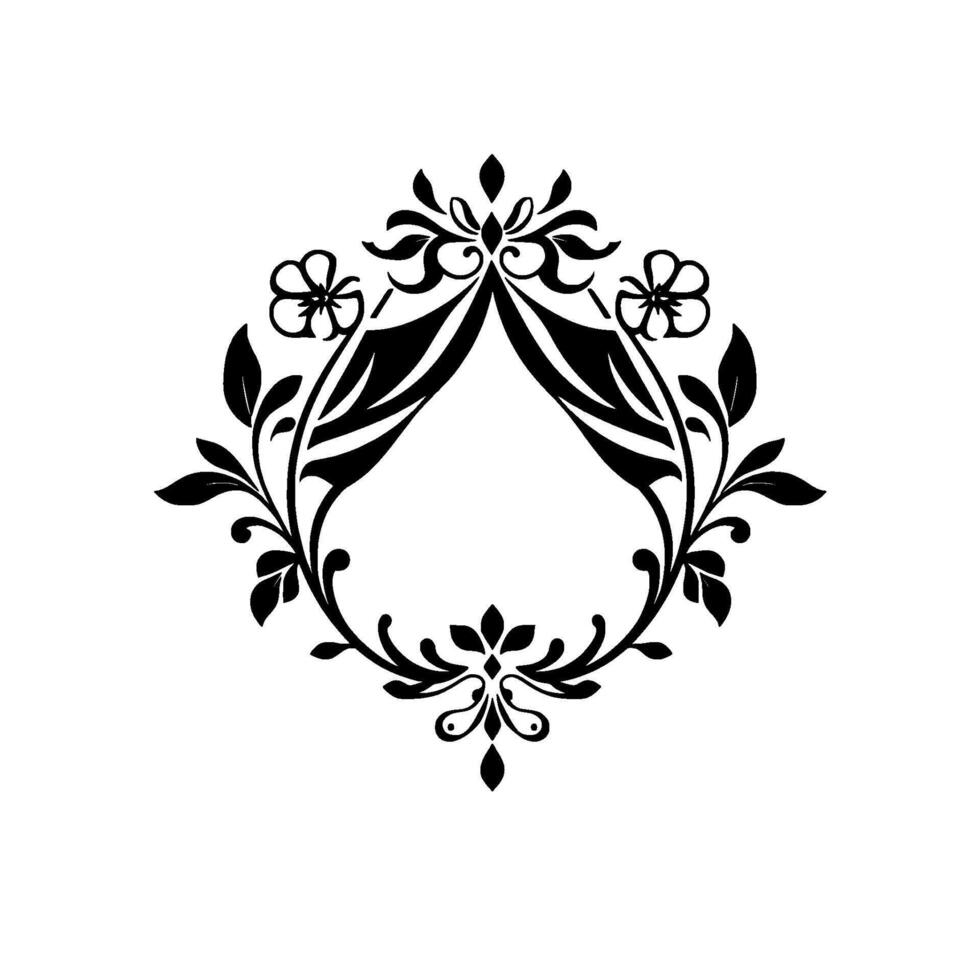 Elegant Black Floral Crest with Symmetrical Leafy and Abstract Geometric Frame on White Background. vector