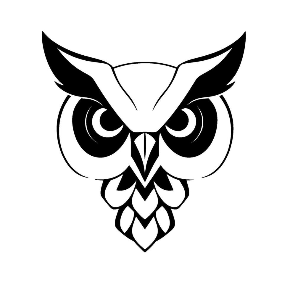 Bold, symmetrical black and white owl emblem, featuring sharp lines, geometric feather details, intense gaze, and a stylized minimalist aesthetic on a plain white background. vector