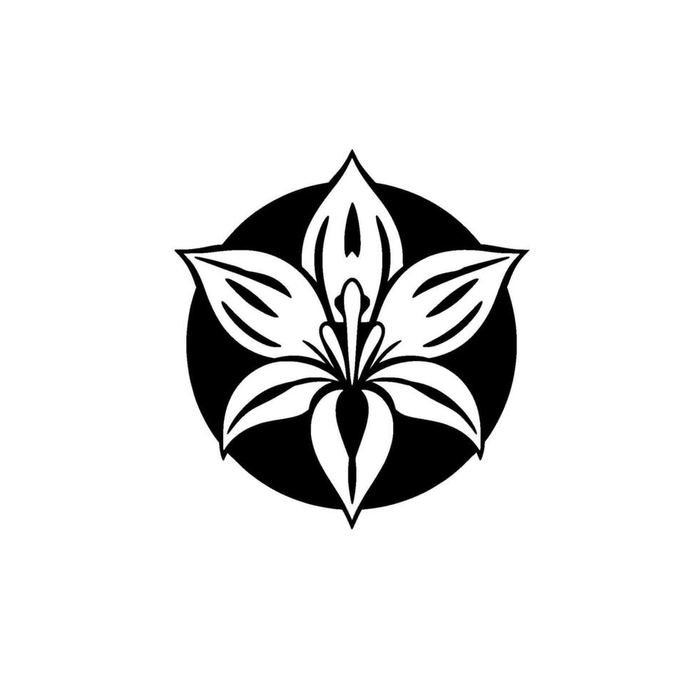 Elegant Black and White Floral Emblem, Stylized Flower Silhouette Centered in a Bold Black Circle, Minimalist . vector